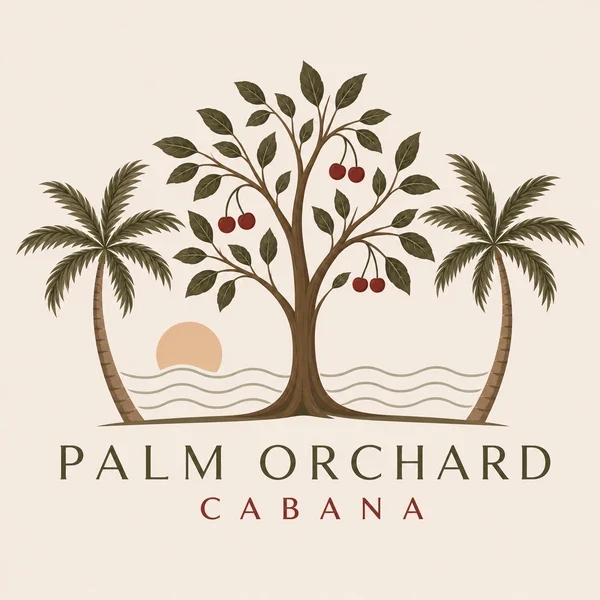 Palm Orchard Cabana logo — two palms and a cherry tree at sunrise